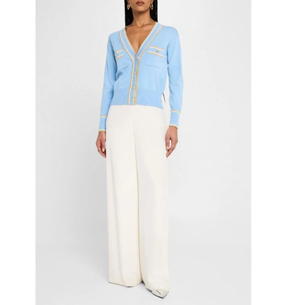 Elie Tahari Fountian Blue Gold Stripe The Kiva Shimmer-Trim Knit Cardigan Size S - Picture 11 of 11